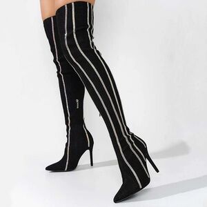 Cape Robbin🔥Black Stiletto Heel Rhinestone Striped Thigh Denim Boots for Women